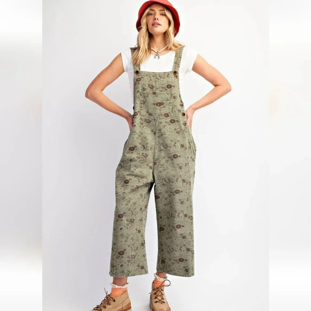 Easel-Free People Green Floral Boho Overalls Size Meduim - Picture 4 of 7